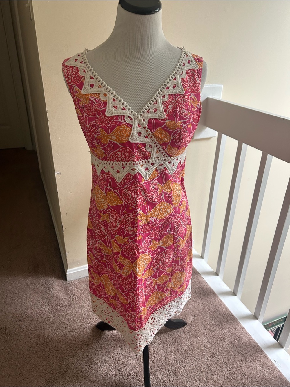 Lilly Pulitzer Pink and Yellow Jubilee Collection Floral Dress with Crochet Trim